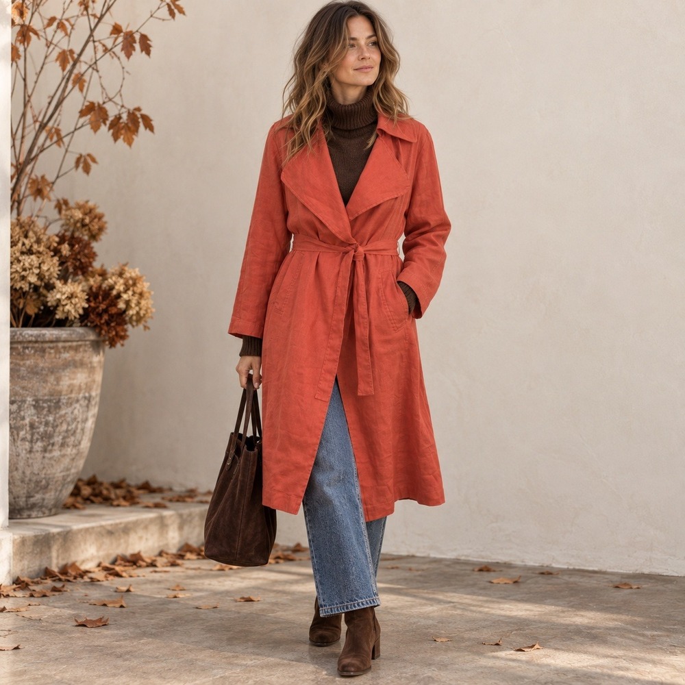 Cynthia Rowley Womens Orange Linen Trench Coat Size S Fall Duster Jacket Boho